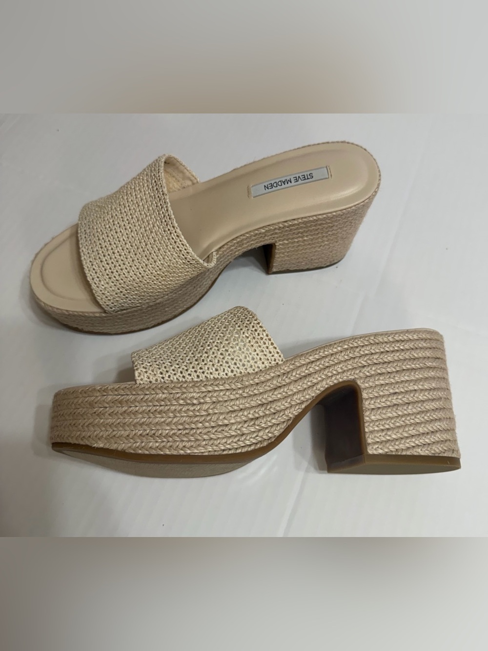 Steve Madden Trippy Raffia Platform Sandals Women’s 9M Natural Beige Block Heel